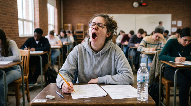 Tired female student yawning during a boring lecture in a crowded university classroom