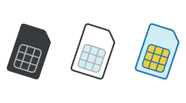 Illustrated SIM cards displayed against black, light blue, and yellow blue gradient backgrounds.