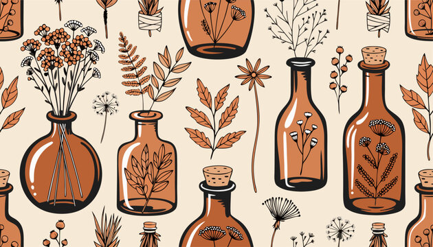Vintage Glass Bottles and Herbal Elements Background.eps