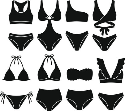 Collection of black swimwear silhouettes and bikini icons featuring diverse styles such as halter neck high waist and monokini