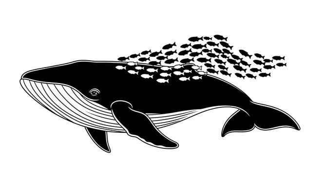 Black whale, swimming whale, ocean mammal, vector illustration
