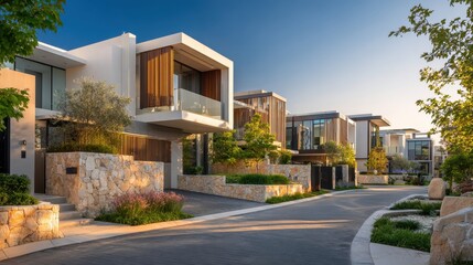 Fototapeta premium Quiet upscale neighborhood showcasing minimalist design and ambient sunset lighting