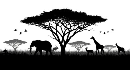African savannah wildlife silhouettes, black animal icons, vector acacia tree landscape, safari scene illustrations © MITURANI