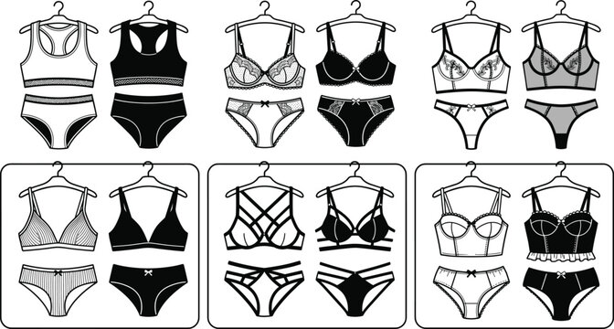 Collection of black and white female lingerie set icons featuring various bra and panty styles on hangers for fashion retail