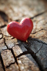 Fototapeta premium Red heart-shaped coupon on a weathered cracked wooden surface