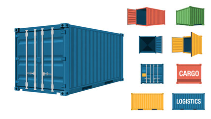 Colorful shipping containers stacked in a row with vibrant icons Vector © AZIFA