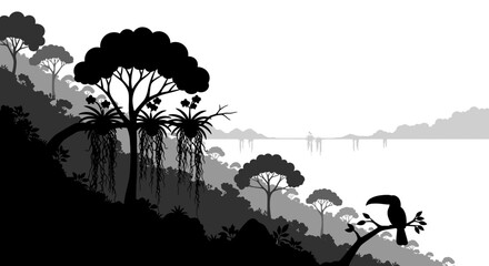 tropical forest, jungle landscape, black silhouette, vector illustration, exotic trees © MITURANI
