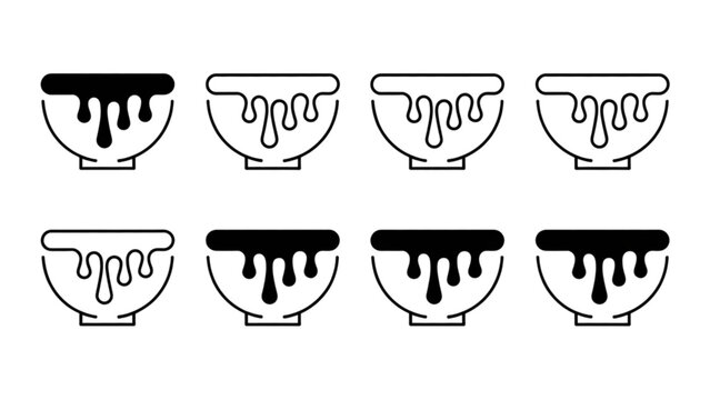 Set of eight black and white liquid pouring bowls with different fill levels in a row Vector