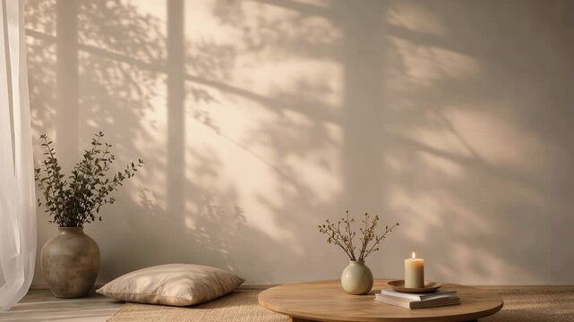 Sunlit minimalist interior vignette with a wooden round table, ceramic vase, candle and cushion casting tree-branch shadows on a neutral beige wall for a calm, serene mood