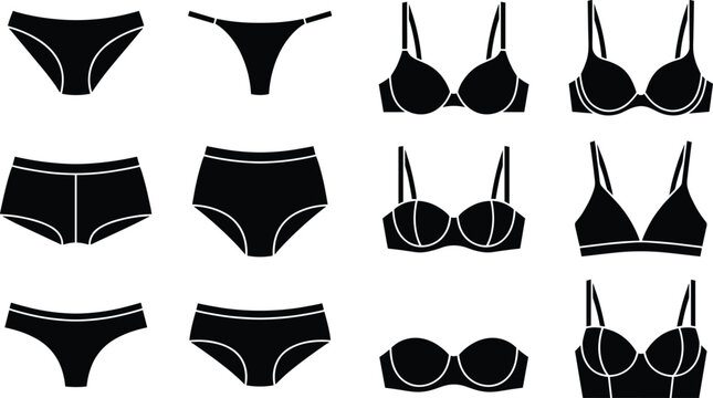 Collection of black female lingerie icons including various bra styles and panty types isolated on white background for fashion design