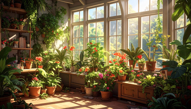 Indoor greenhouse with lush plants and large windows
