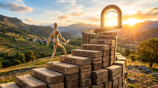 Wooden man climbing block steps to success gate at sunset