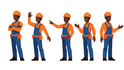 Obraz premium African American construction worker in an orange hard hat and blue overalls shows various professional poses and friendly gestures.
