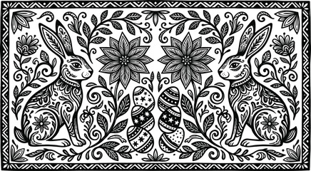 Intricate black and white folk art style illustration featuring symmetrical Easter rabbits surrounded by decorative eggs and floral elements © MDGOLAP
