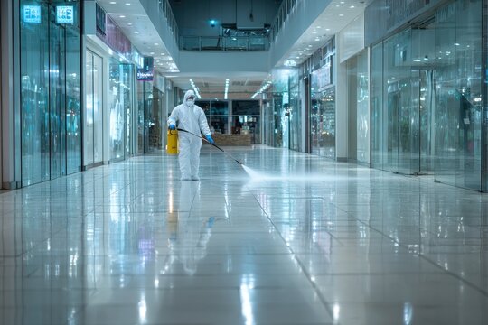 Sanitation worker in protective gear spraying disinfectant in an empty shopping mall corridor