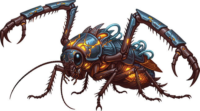 Cybernetic cockroach mechanical insect monster with futuristic armor and robotic limbs for sci-fi gaming and fantasy illustration.