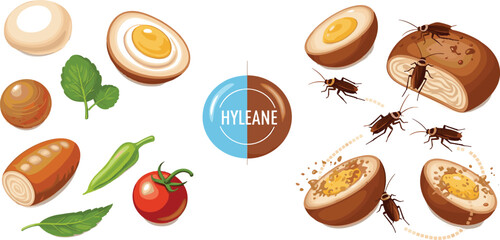 Food safety and hygiene vector illustration showing fresh healthy ingredients versus contaminated food with cockroaches and insects. © MdNipon