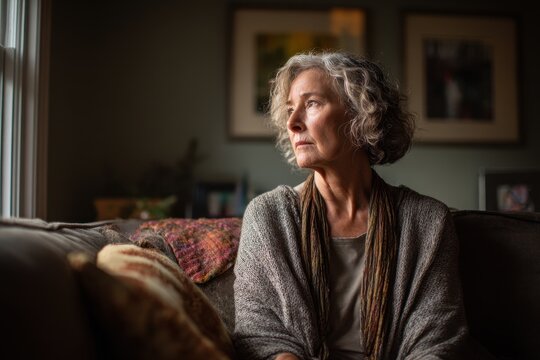 Senior widow at home, anxious and thoughtful on a cozy sofa in a quiet domestic setting