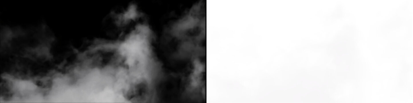 Whimsical white clouds isolated on black background for digital photography composition visual design element.