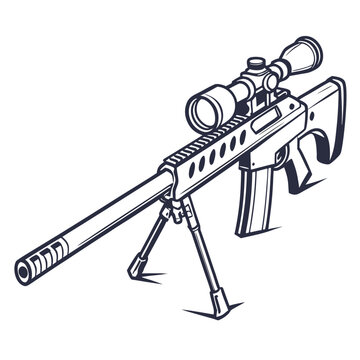 Sniper rifle illustration with optical scope and bipod support, armament
