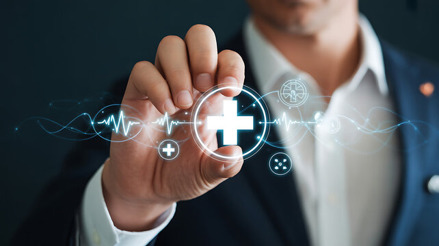 Businessman with medical icons in a hand. analysis technology equipment medicine healthy, business and healthcare concept.