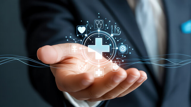 Businessman with medical icons in a hand. analysis technology equipment medicine healthy, business and healthcare concept.