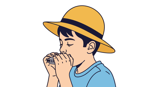 Boy wearing a hat playing a harmonica