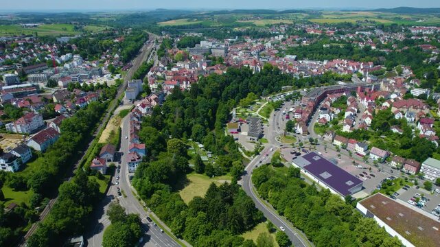 Aerial view of the old part of the city Backnang in Germany. On a cloudy day in Spring.