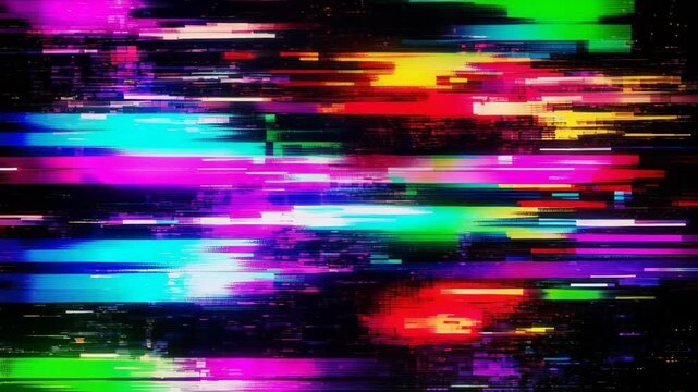 Vibrant neon glitch streaks and pixel digital distortion sweeping horizontally across a dark background, creating abstract motion, chromatic noise, and futuristic cyberpunk energy