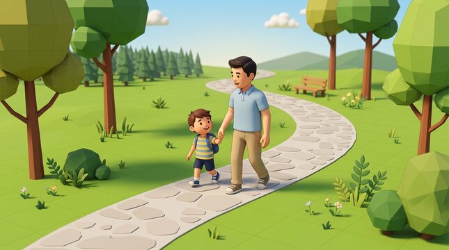 A heartwarming Father's day stroll A father and his son enjoy a sunny walk hand-in-hand through a vibrant, low-poly park, symbolizing precious family bonding and guidance on life's journey