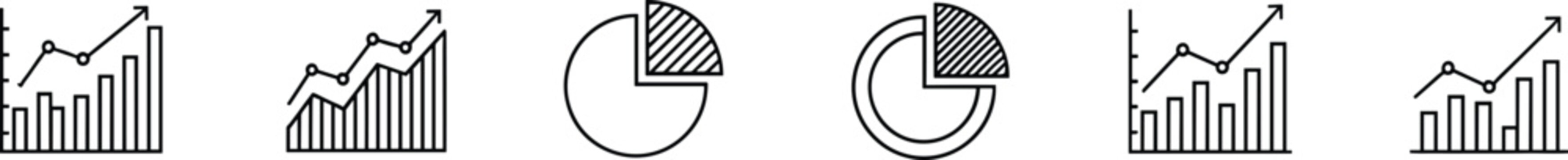 Black and white financial chart and pie graph icon set featuring bar charts, line graphs and circular statistics symbols for business analytics design, Vector illustration.