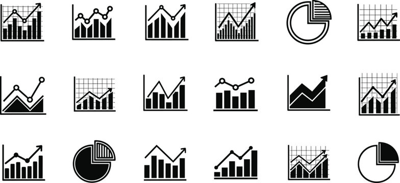 Black business analytics icon set with bar charts, line graphs, pie charts and financial growth symbols for corporate dashboard and statistical report design, Vector illustration.