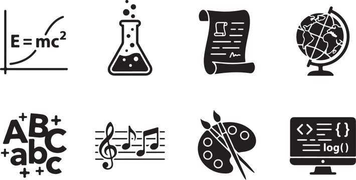 Education icons, science symbols, learning graphics, black vector set