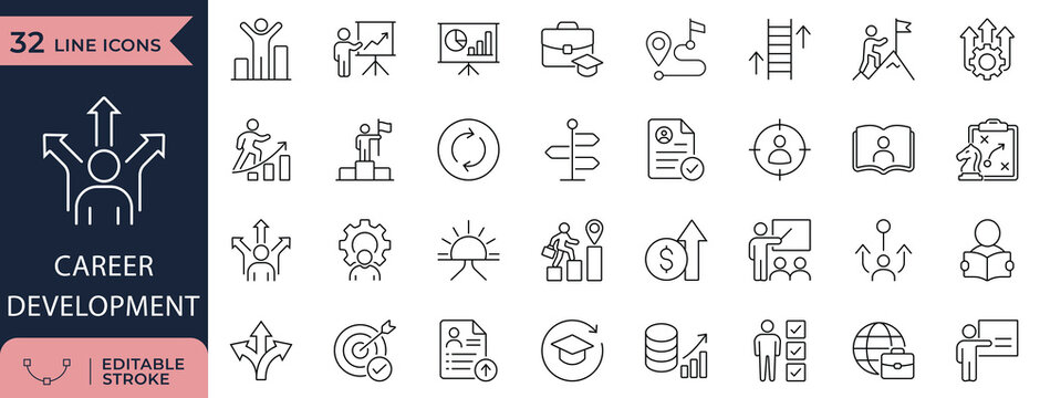 Career Development and Professional Growth Minimal Line Icon Set
