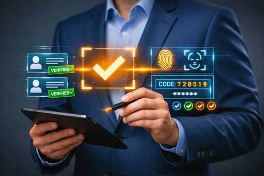 Businessman operates a digital tablet displaying advanced biometric identification markers including fingerprint scanning and facial recognition within a secure verification.