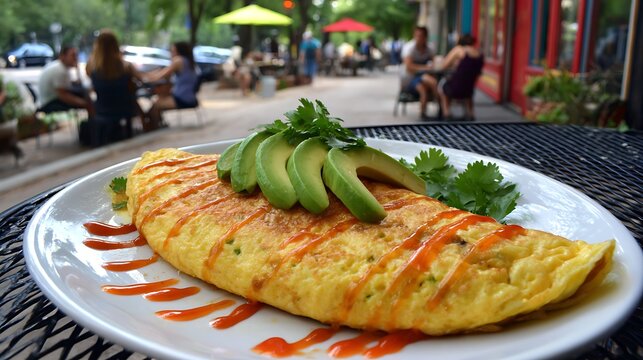 Southwest Omelette with Sliced Avocado and Hot Sauce at Outdoor Cafe for Brunch Menu