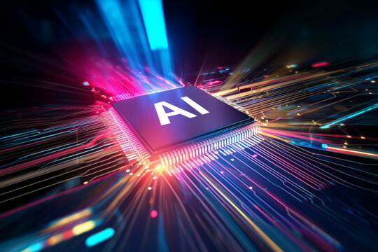 Glowing AI processor chip with colorful neon energy trails on futuristic motherboard, artificial intelligence computing, machine learning technology, digital data transfer and cyber innovation concept