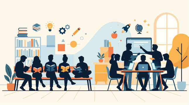 classroom silhouettes with students reading and learning flat vector illustration with educational icons and a light background high quality professional detailed modern elegant stylish