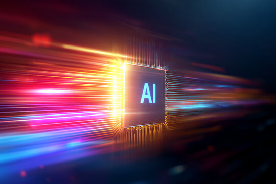 Futuristic AI processor glowing data streams, artificial intelligence chip accelerating digital information flow, machine learning technology, cyber computing power high speed neural network concept
