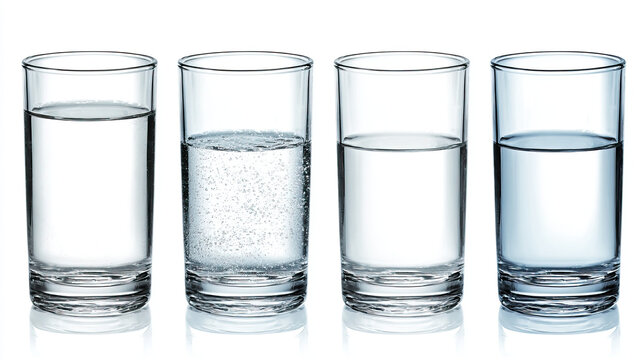 Four glasses of water showing different purity levels on white background