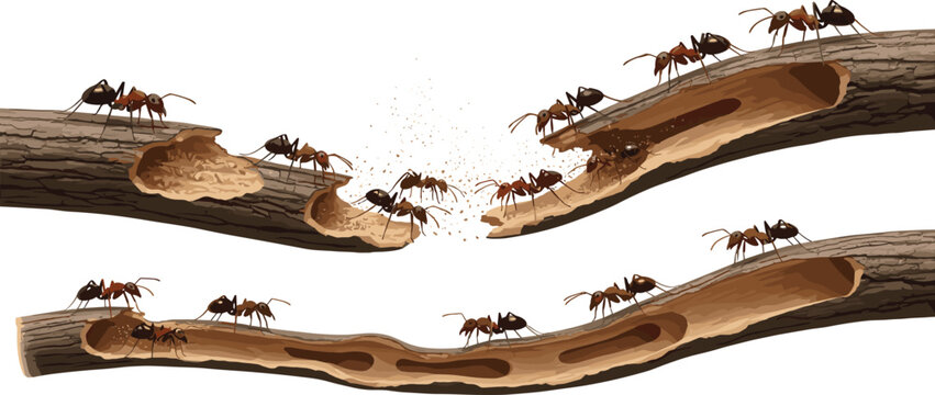 Carpenter ants damaging wooden tree branch with tunnels and nest chambers showing wood destruction and infestation vector illustration.