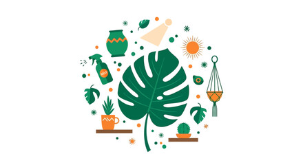 Fototapeta premium Flat Vector Illustration of Houseplant Care Elements with Monstera Leaf, Succulents, and Macrame Planter on White Background