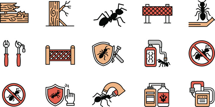 Pest control and ant extermination icon set featuring wood damage prevention symbols and household insect protection tools collection.
