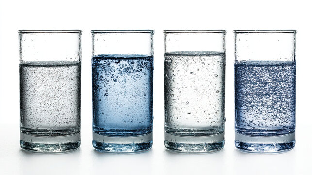Four glasses of water with different purity levels on white background
