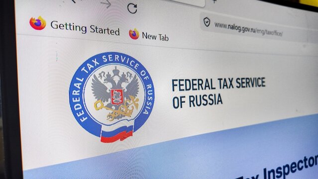 Dublin Ireland may 04,2026..A computer screen displays the website of the Federal Tax Service of Russia. The page features the organization's emblem, which includes the Russian coat of arms with a dou