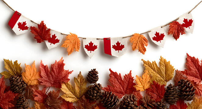 A white background is used for a Canadian celebration featuring autumn leaves and flags.