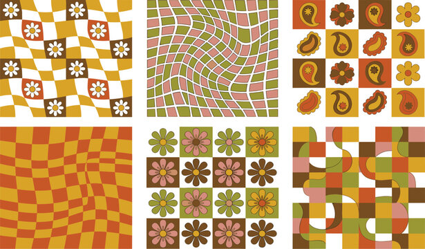 Six seamless retro patterns with groovy flowers psychedelic waves and checkerboard designs