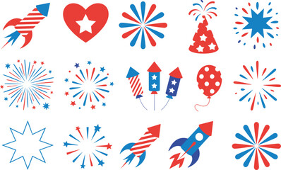 Obraz premium Patriotic fireworks icons, 4th of July celebration rockets, stars and party balloons vector set collection