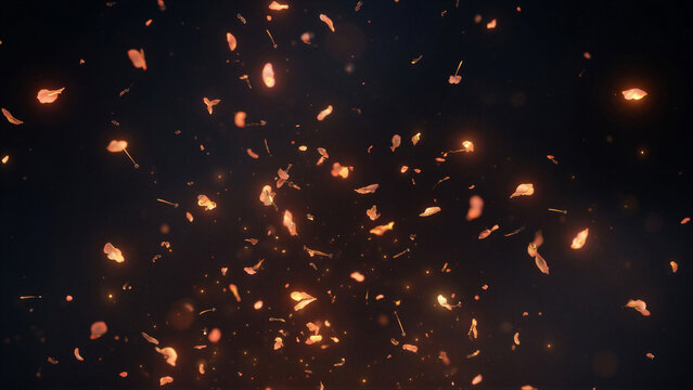 Glowing ember fragments falling through dark night space