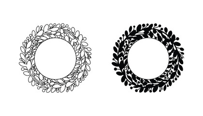 Decorative circular floral wreath border set with intricate leaf and berry motifs in outline and solid black styles © Vector